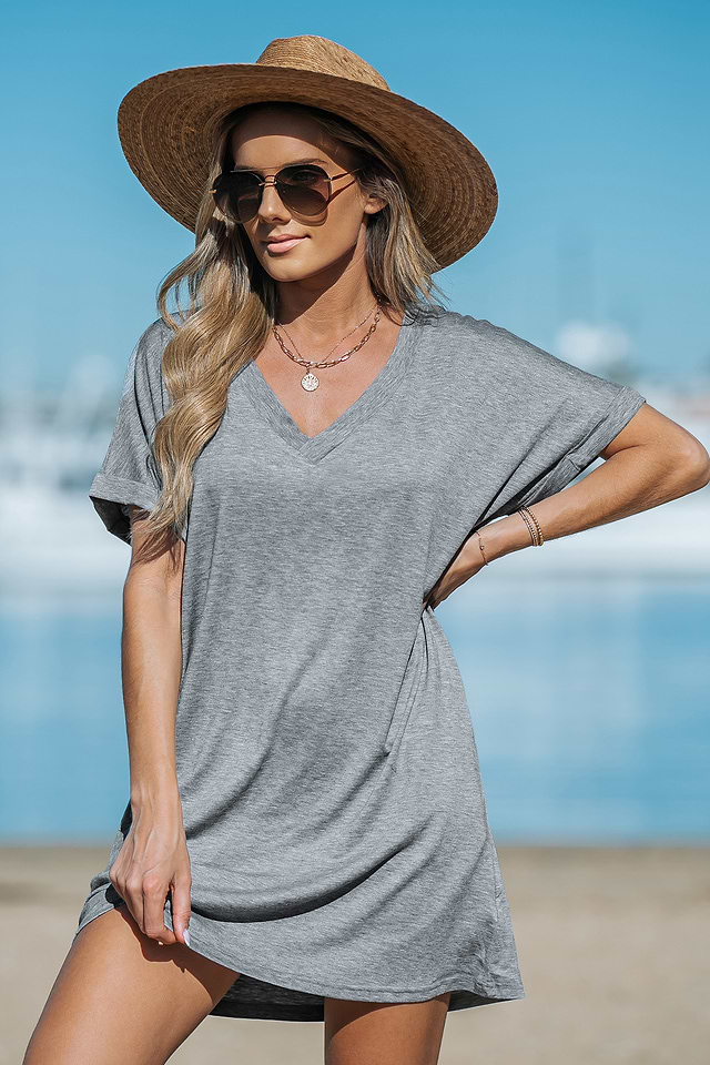 long v neck t shirt dress Heathered Knit V-neck T-Shirt Dress