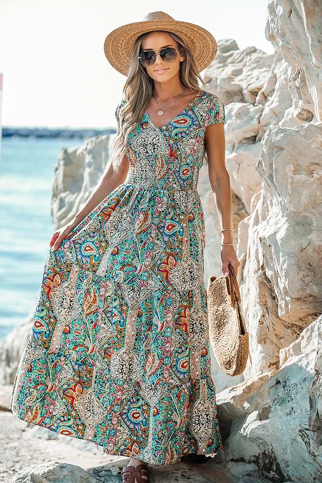 bohemian dress paisley print v neck sleeve beach V-Neck Maxi Black Funeral Dress JULMARKDOWN2026 Paisley Tab Size:17M