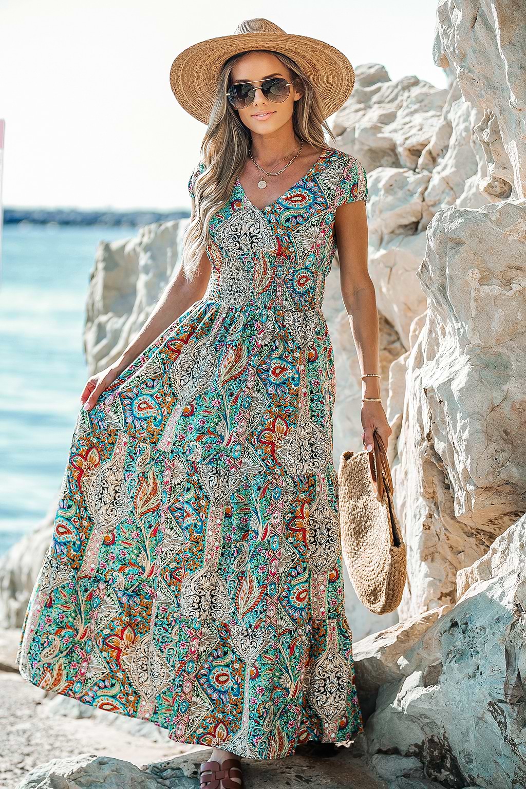 Paisley Print V-Neck Maxi Dress