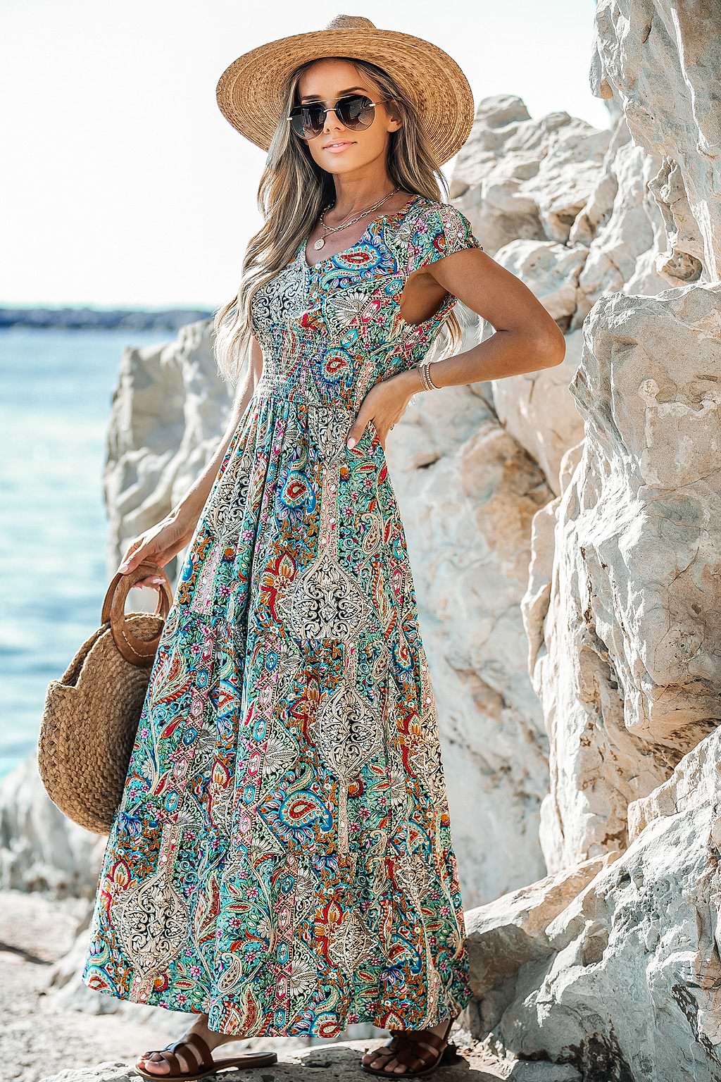 Vestido largo con cuello en V y estampado de cachemira