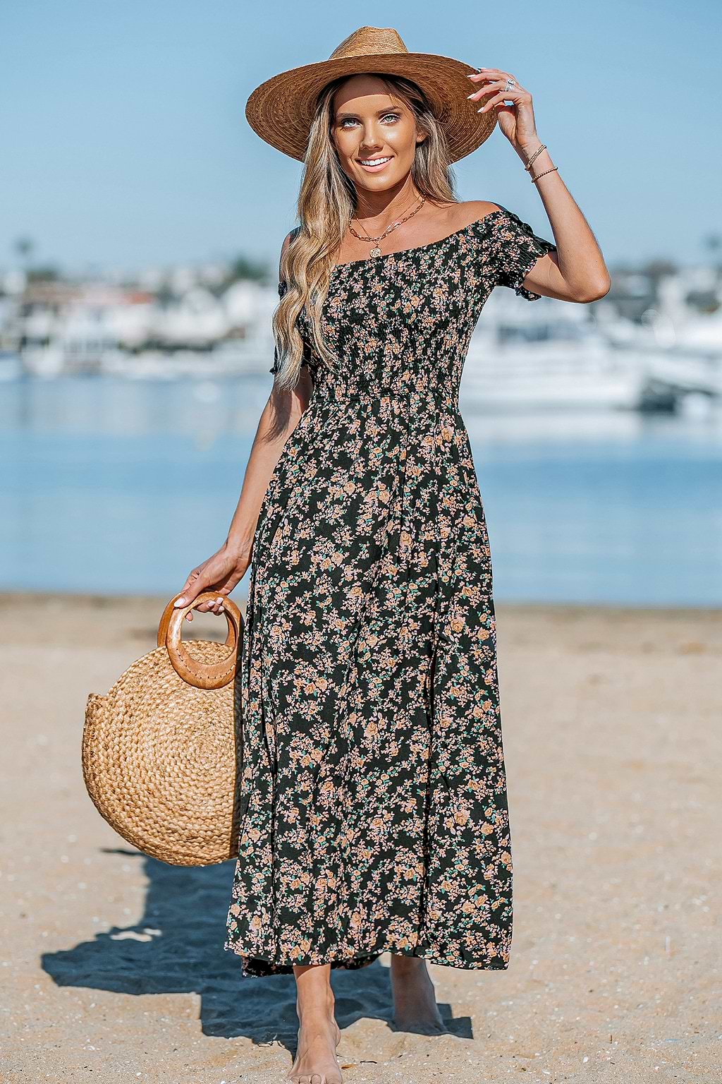 Ditsy Floral Smocked Off-the-Shoulder Dress