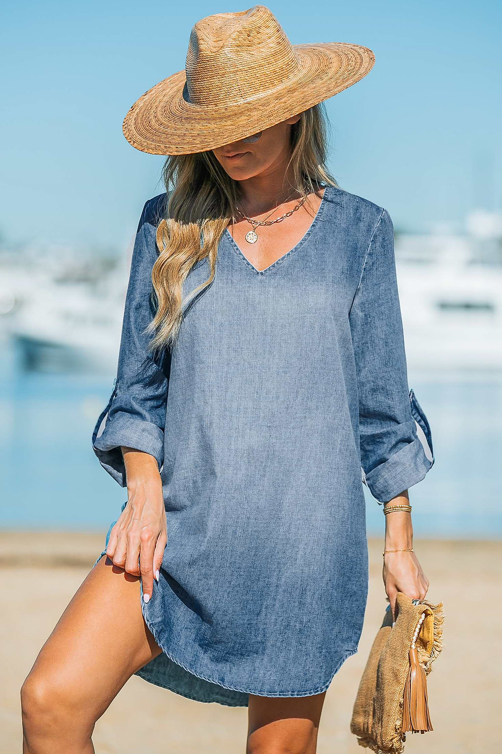 Stonewash Denim V-Neck Mini Dress