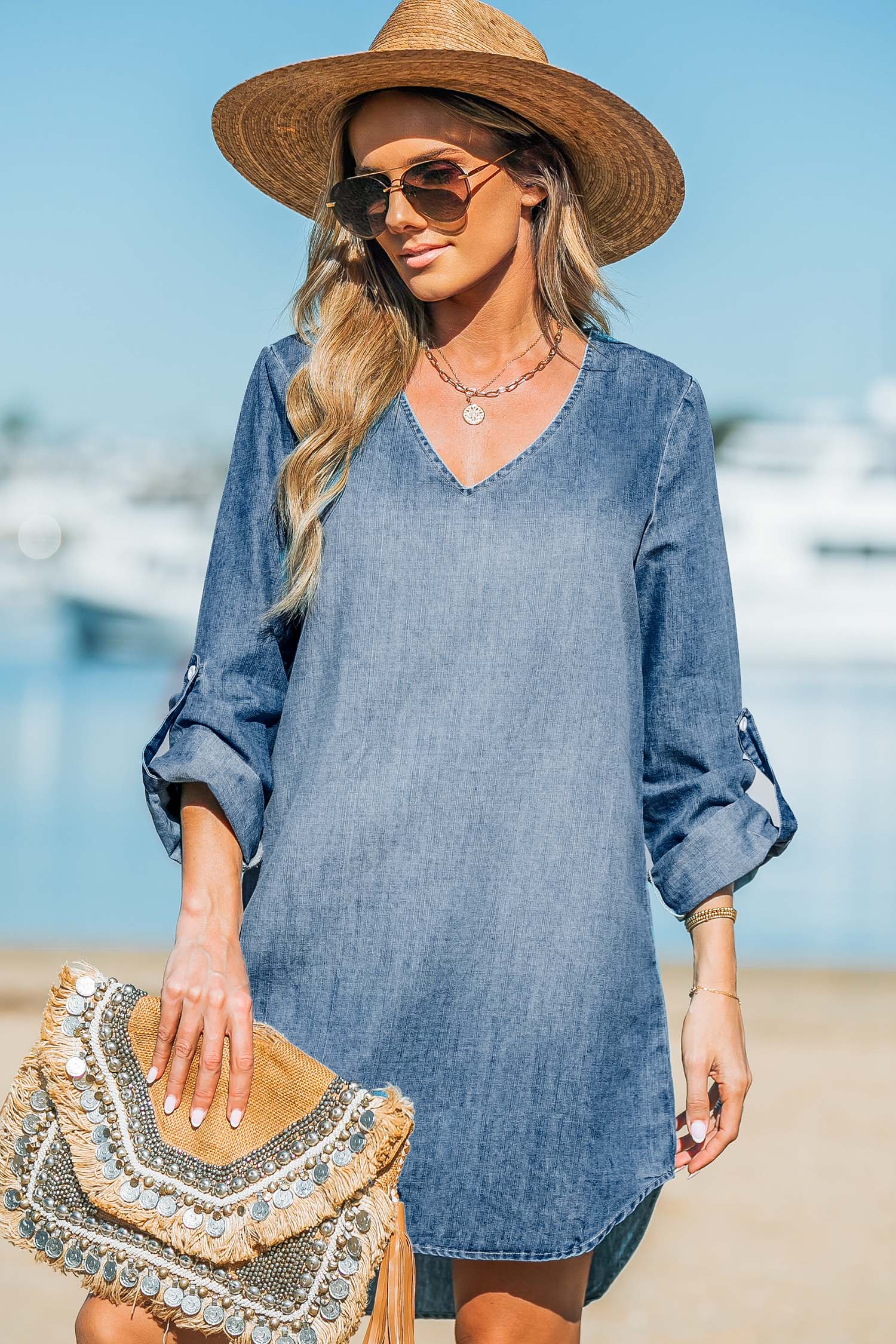 CUPSHE:Vネック デニム ノースリーブ ミニドレス Stonewash Denim V-Neck Mini Dress