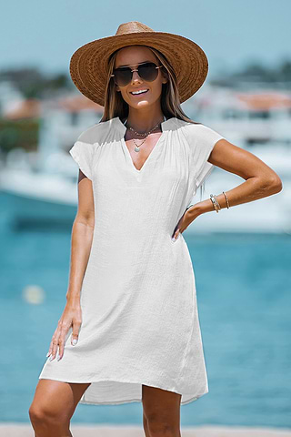 White V-Neck Short Sleeve Mini Cover-Up Dress