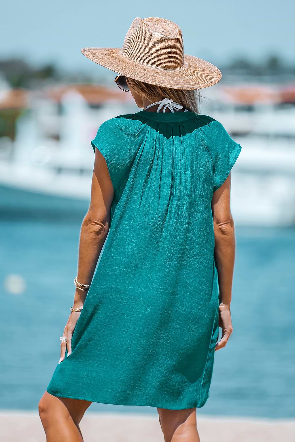 Green V-Neck Short Sleeve Mini Cover-Up Dress