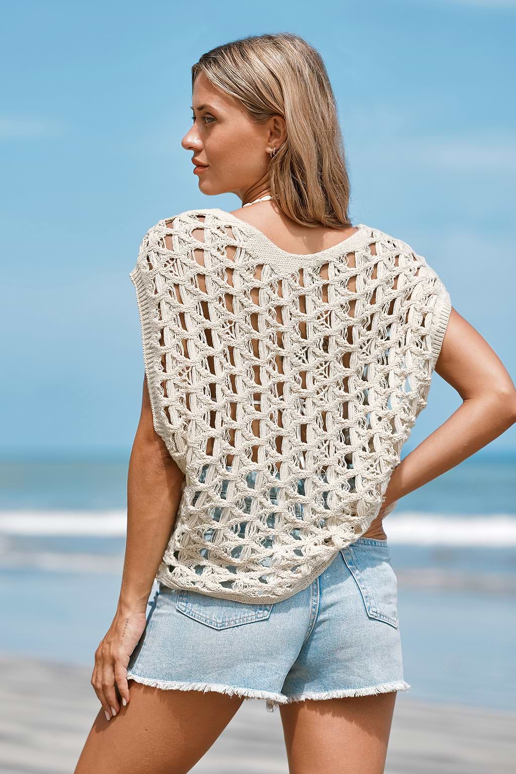 Kaki gehaakte en rafelende cover-up top