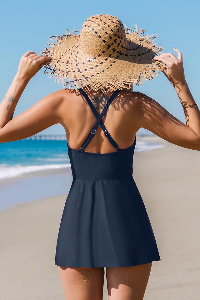 navy blue swim dress Navy Blue Ruffled Short Sleeve Lace Trim V Neck One Piece Swim Dress Navy Blue / XL / 82%Polyamide+18%Elastane by Blue Zone Planet