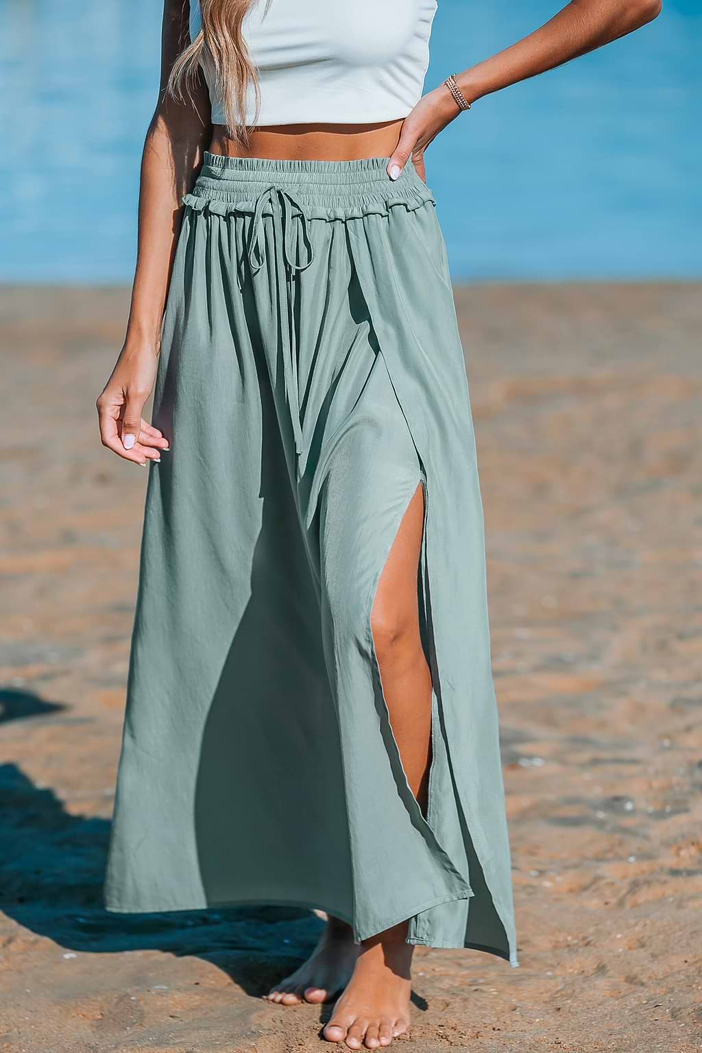 Smocked Drawstring Waist Maxi Skirt