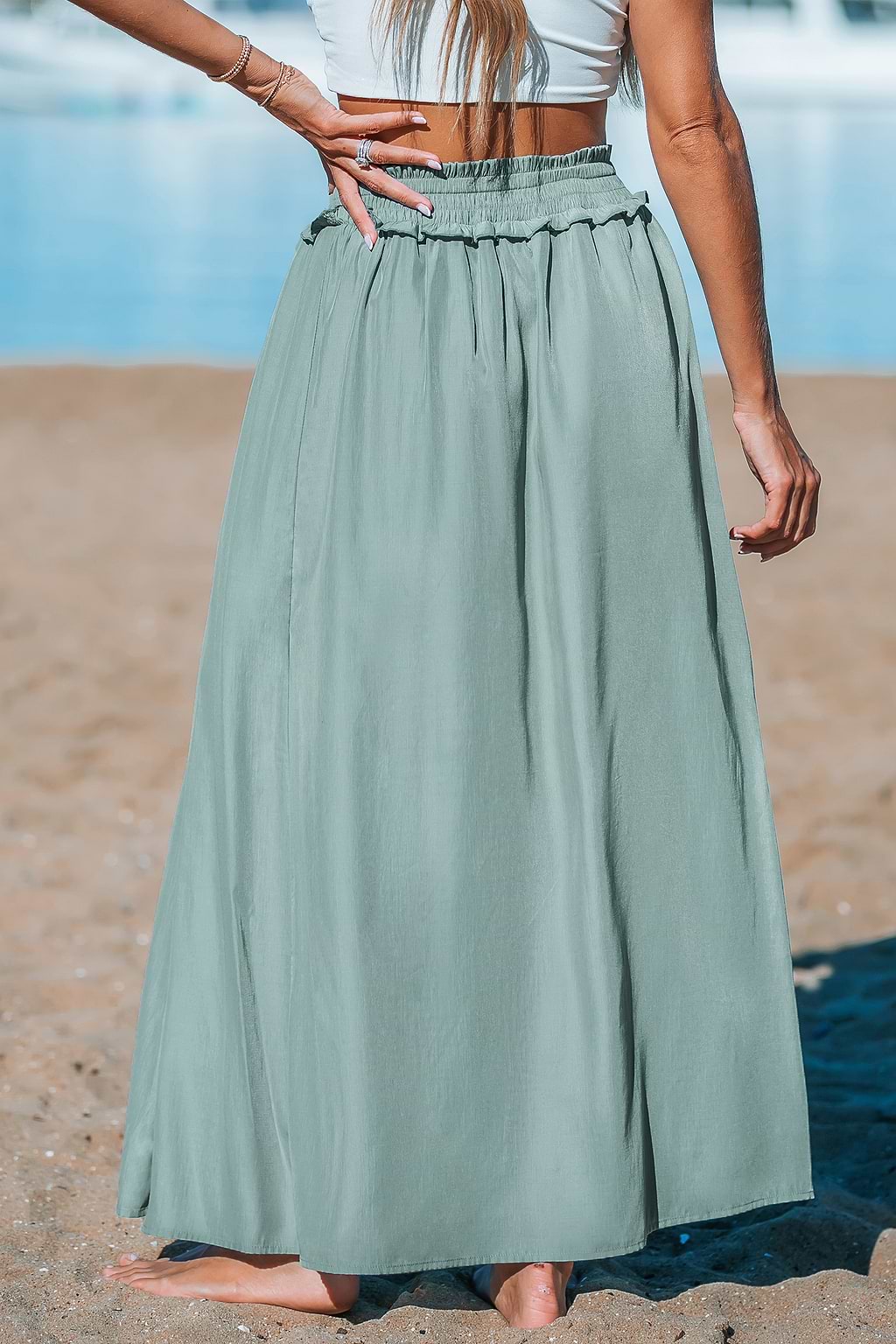 Smocked Drawstring Waist Maxi Skirt