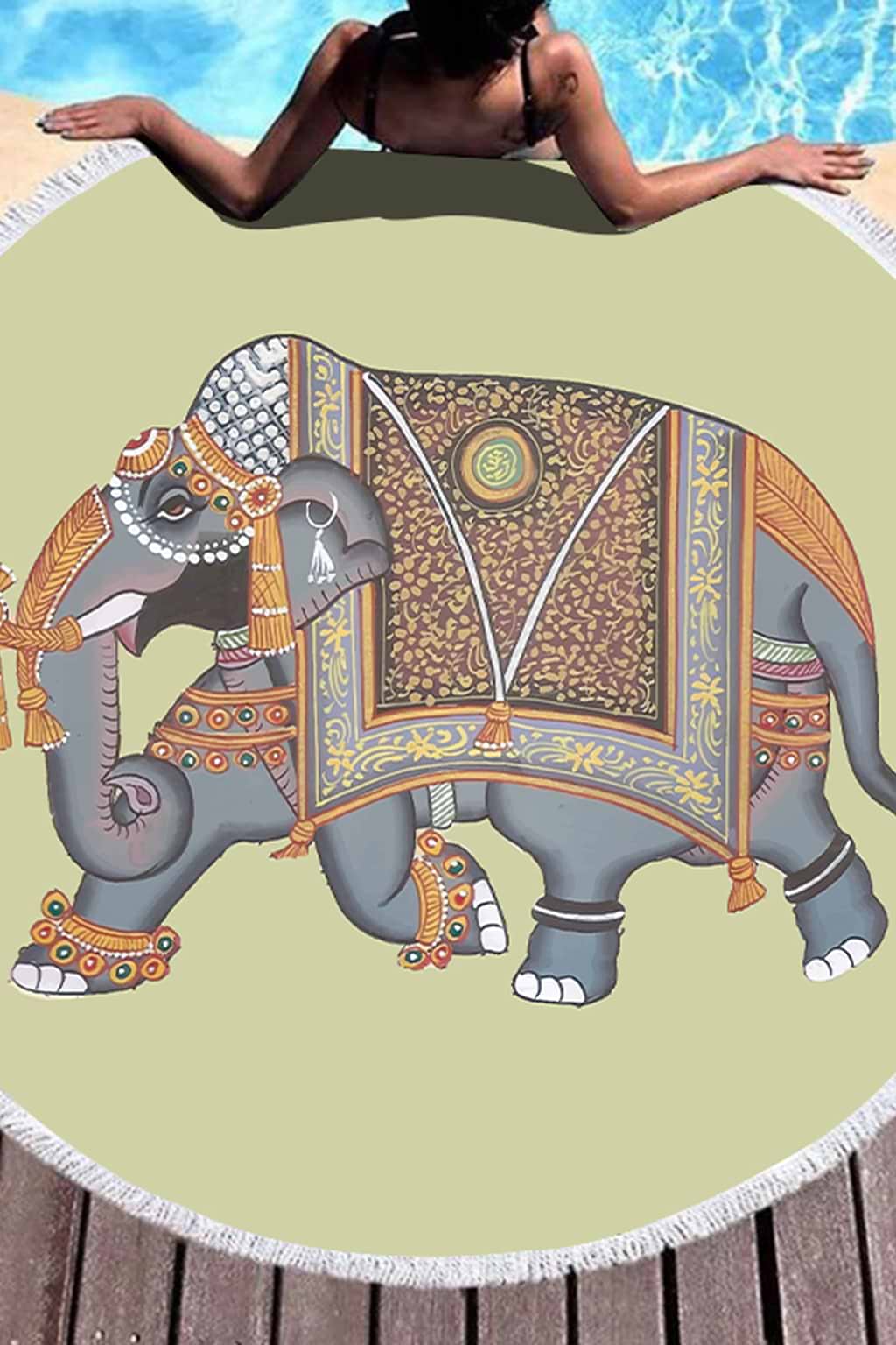 Manta de playa decorativa con elefante y flecos