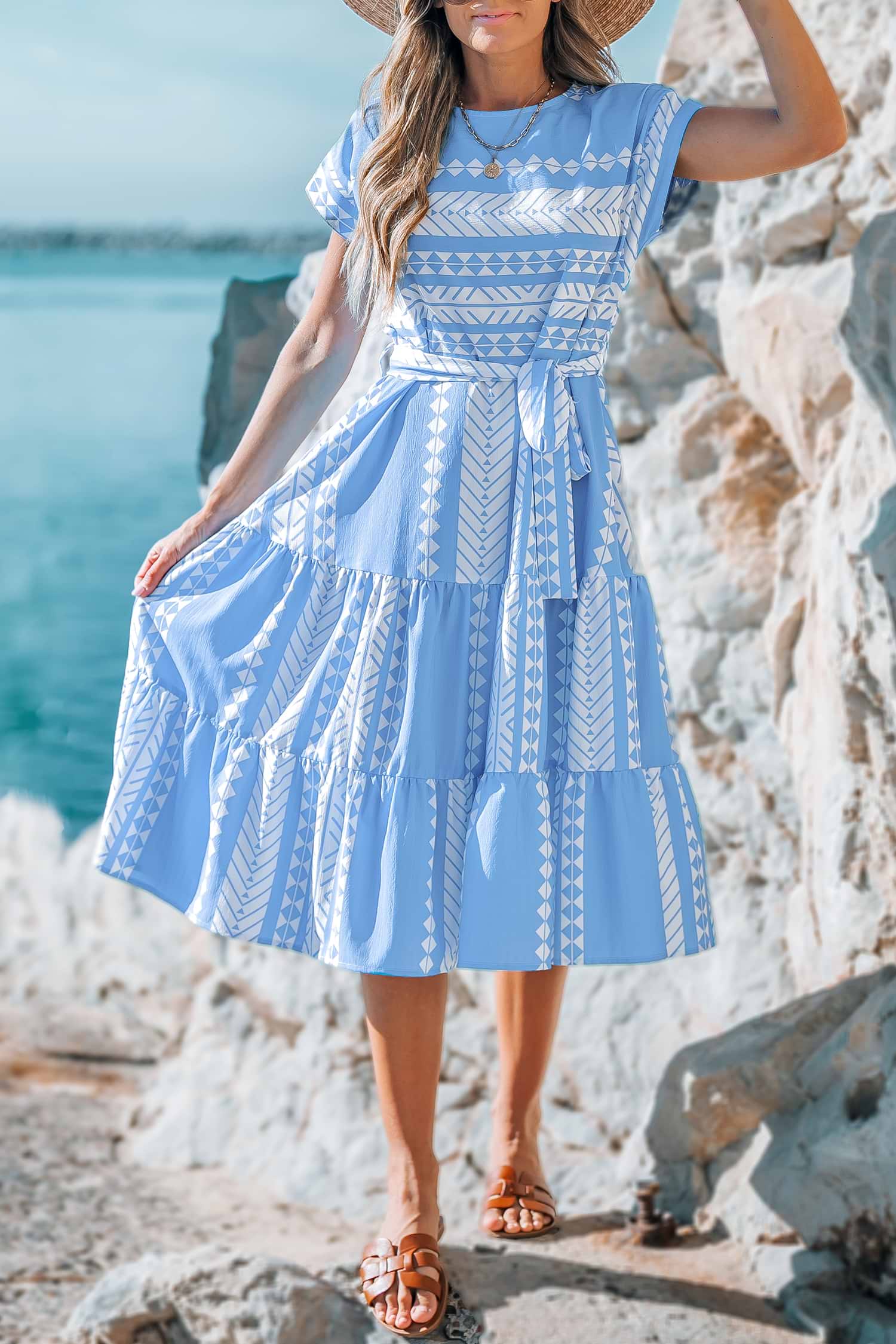 CARTOGRAPHIC PATTERN DRESS ブルーM 9ae3b7321933517453c76a72a7c943