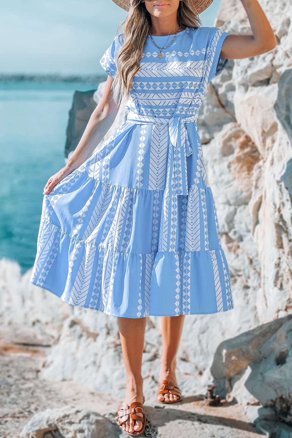 Blue and White Geometric Patchwork Dress