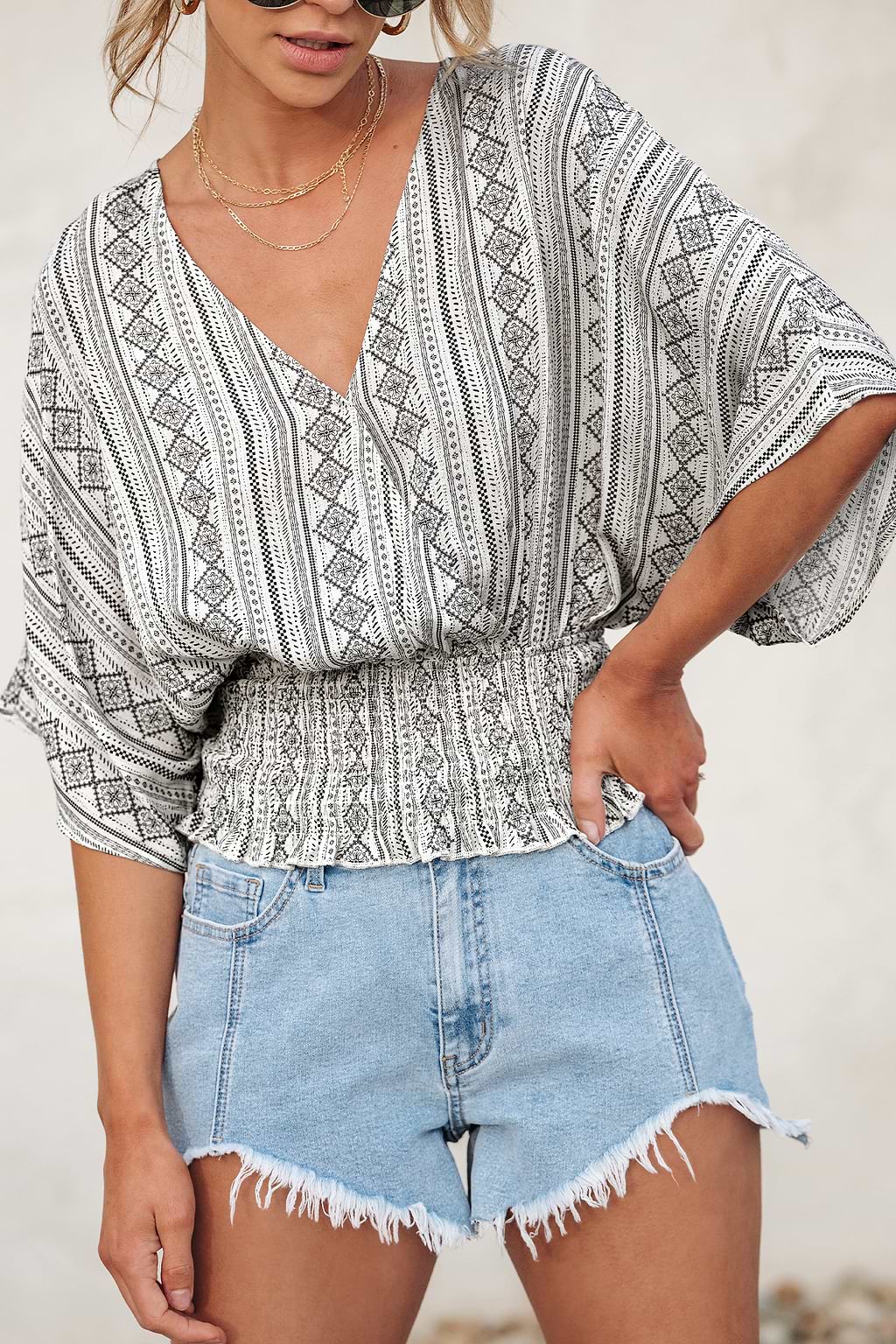 Geo Smocked Dolman Sleeve Top