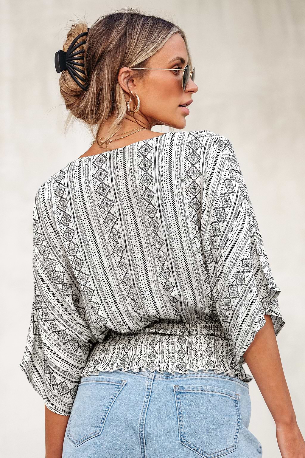 Geo Smocked Dolman Sleeve Top