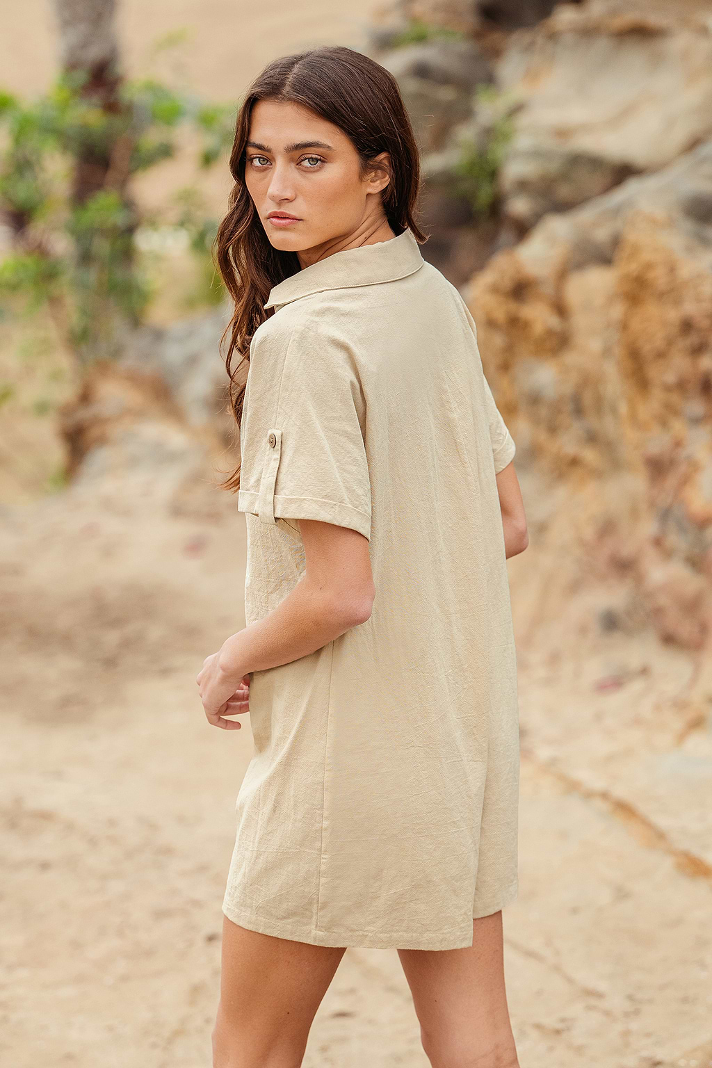 Combishort en pur coton à col en V et boutons