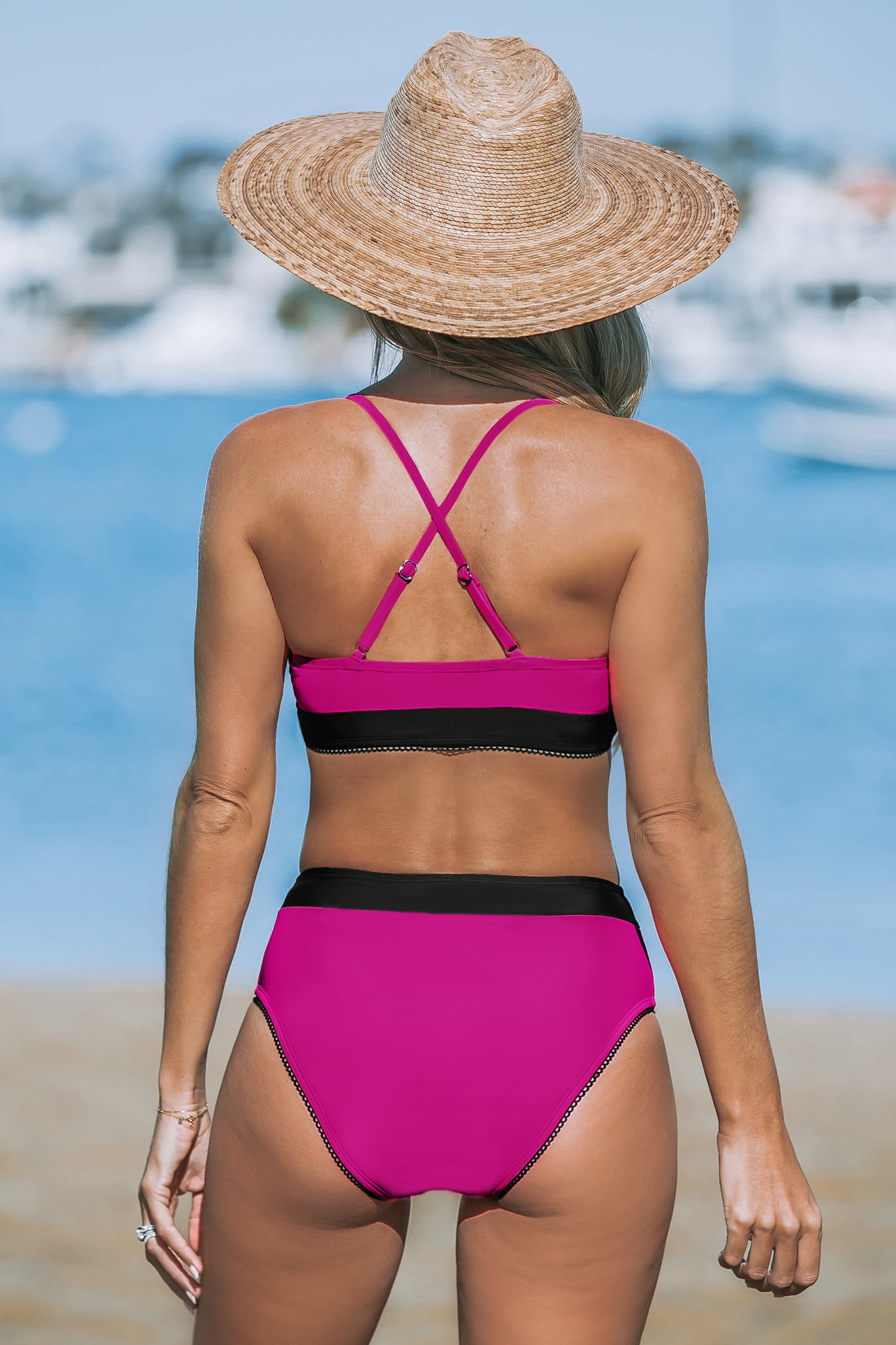 Fuchsia & Black Colorblock Bikini Top & Bottoms Set