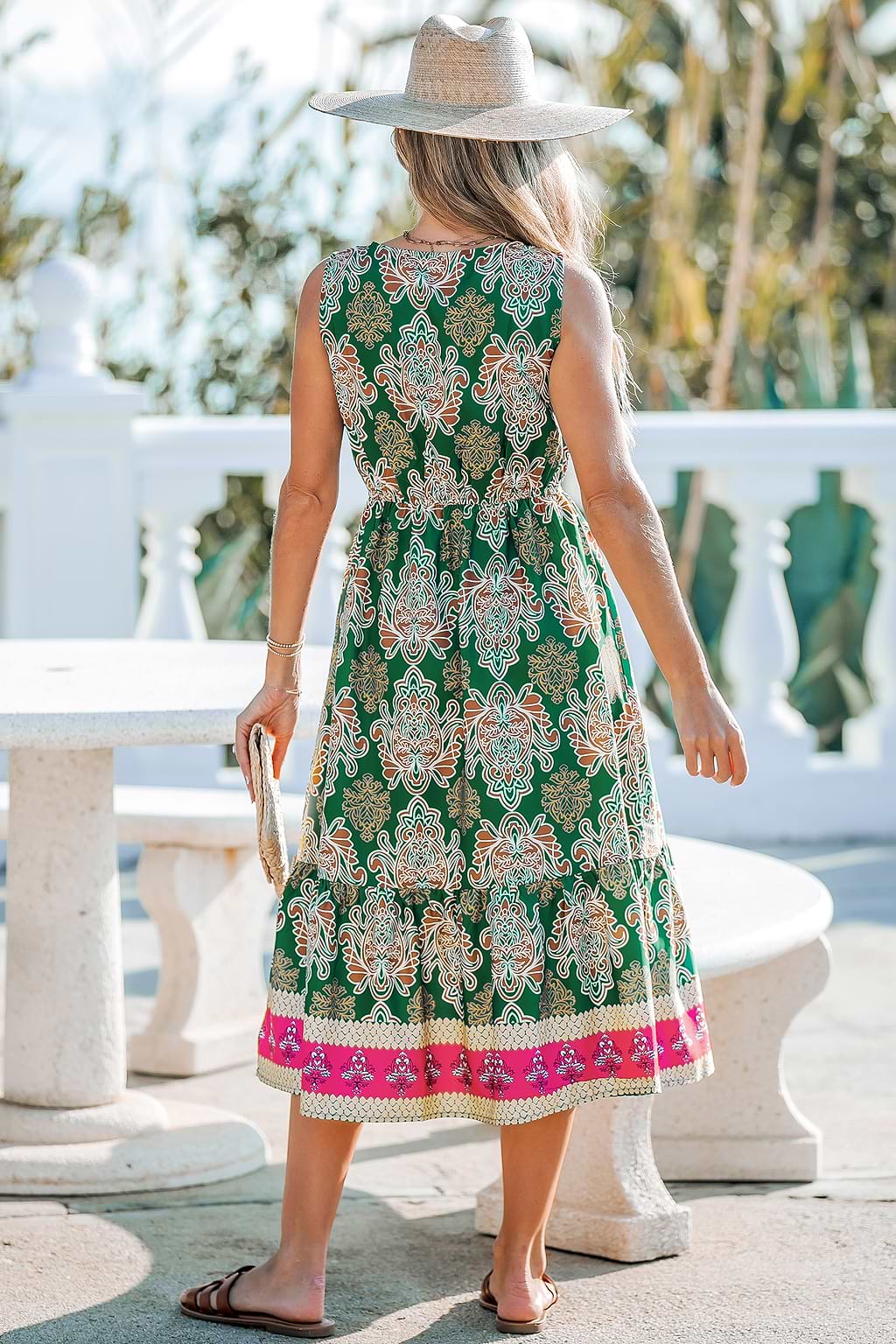 Green and Red Sleeveless Boho Maxi Dress