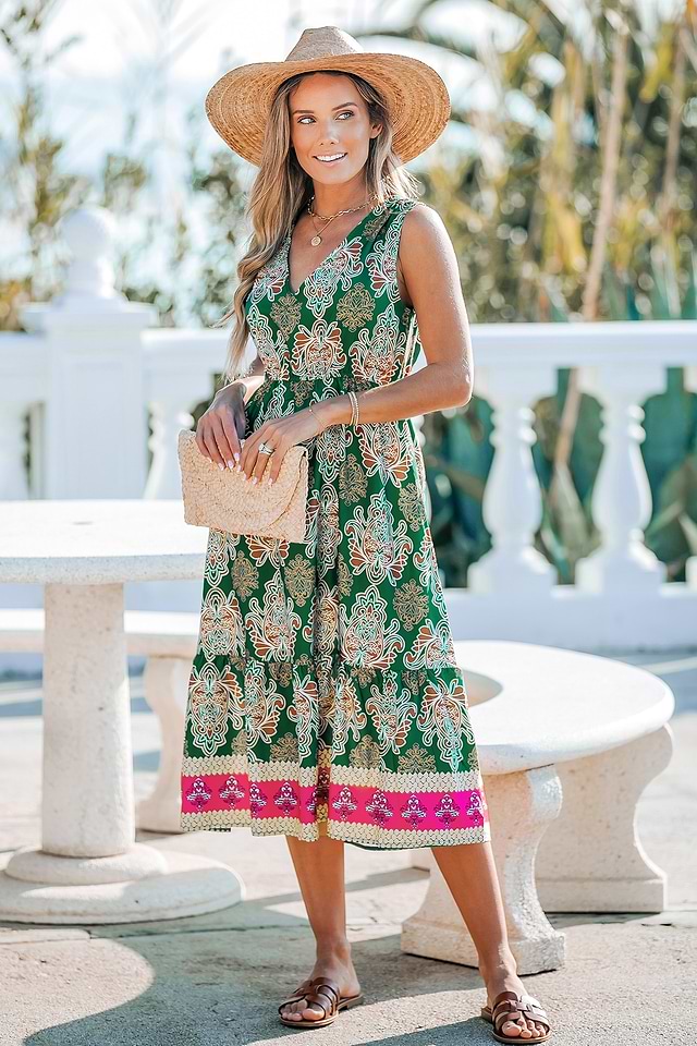 knee length dresses for ladies Green Floral Flowy Dress
