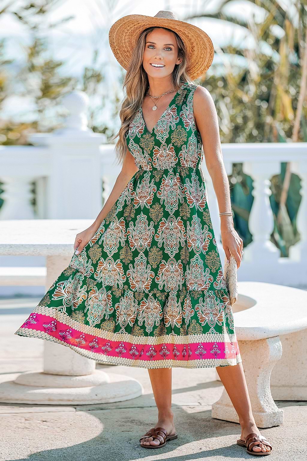 Green and Red Sleeveless Boho Maxi Dress