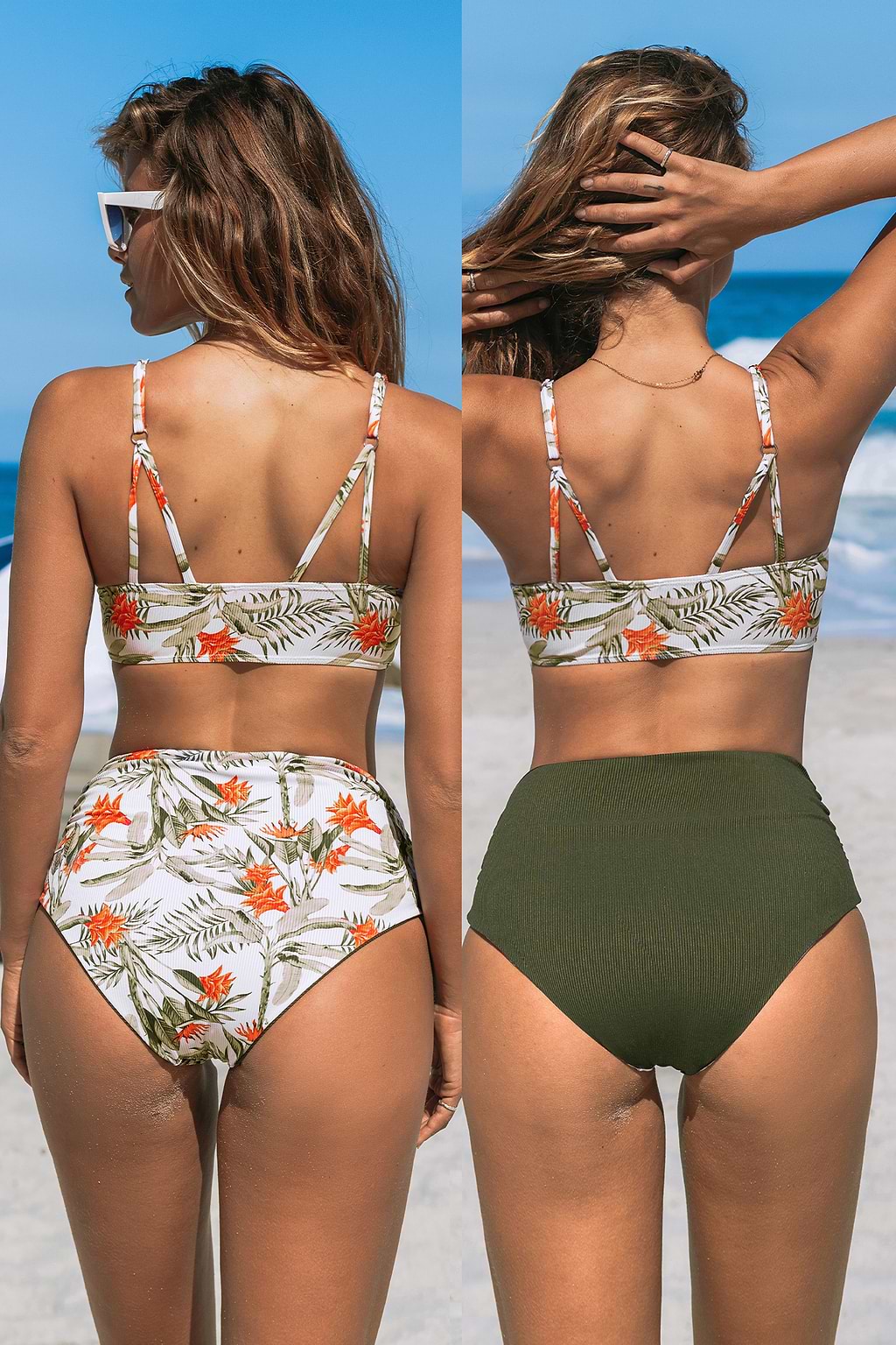 Ribbed Tropical Bikini Bralette & Shirred Bottoms Set