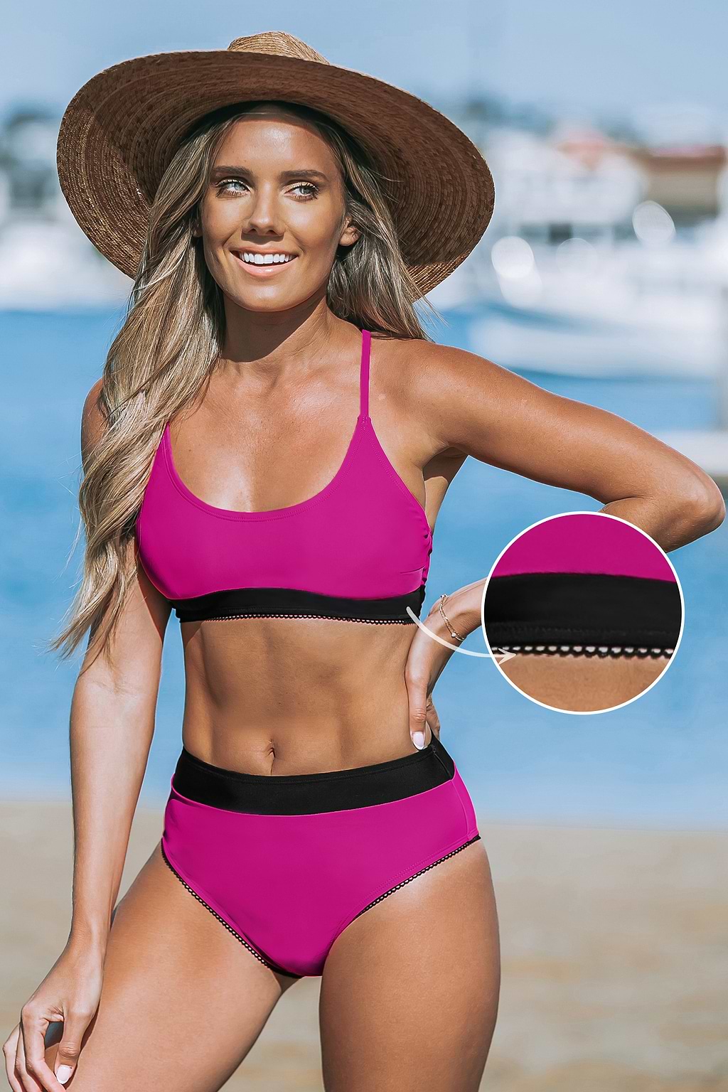 Fuchsia & Black Colorblock Bikini Top & Bottoms Set