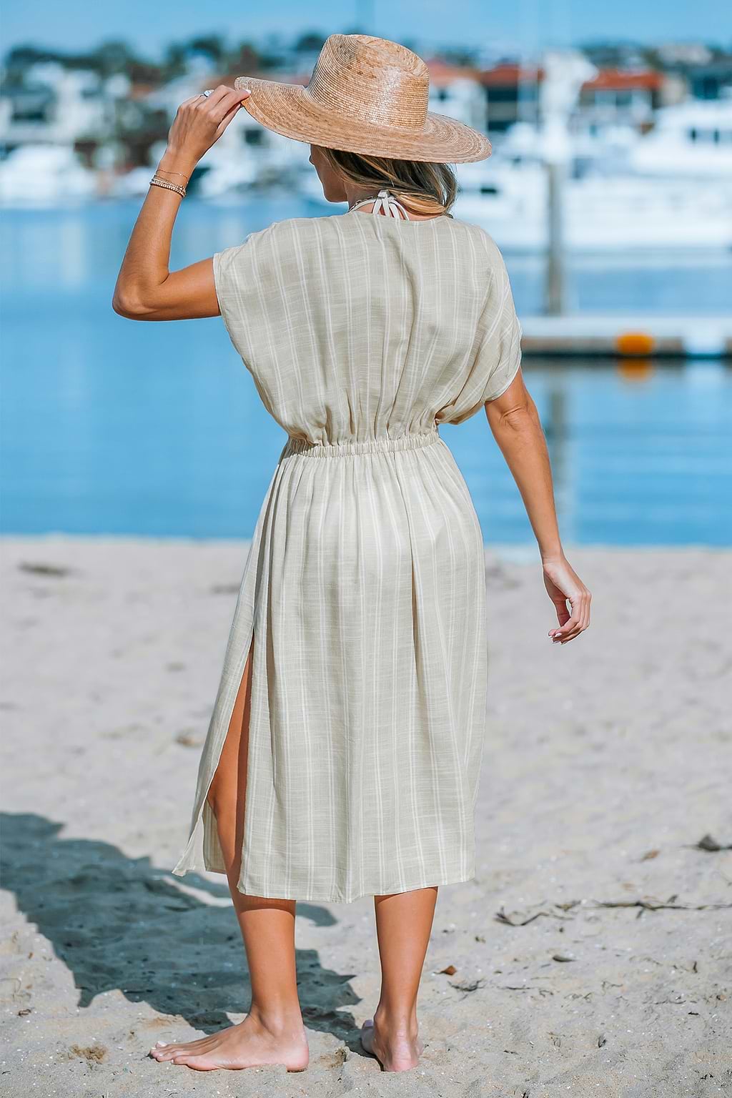 Robe cover up midi avec manches dolman à rayures et ourlet fendu