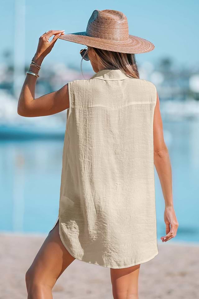 khaki sleeveless shirt dress Khaki Collared Sleeveless Cover-Up Dress