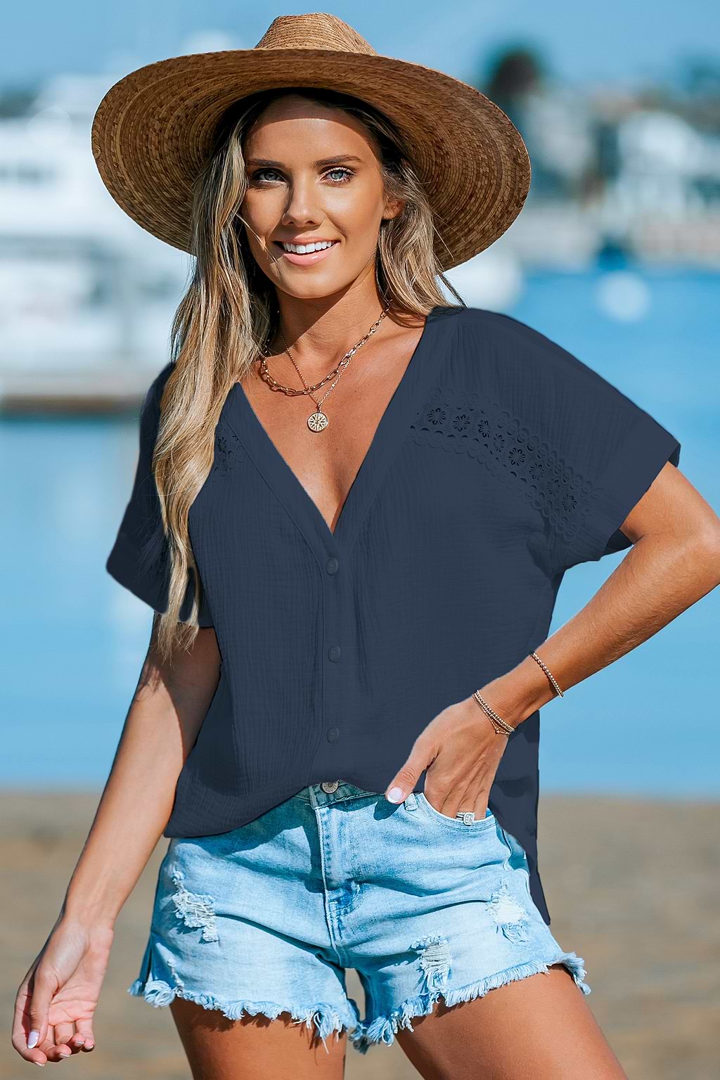 Blue Woven Loose-Fit V-Neck Top
