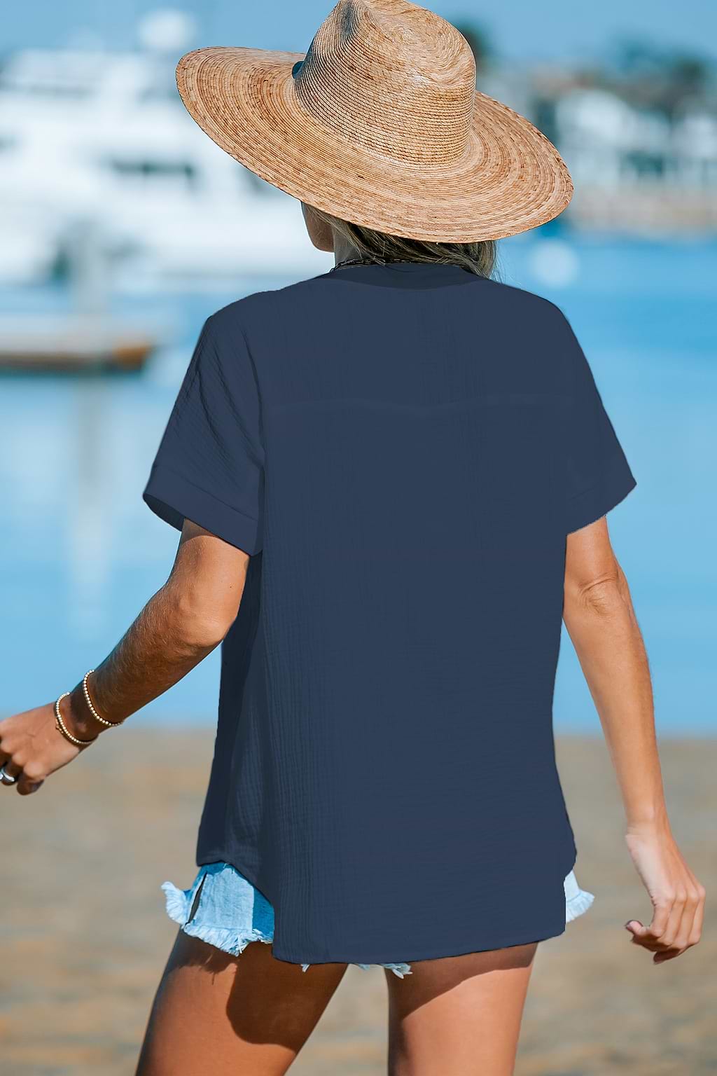Blue Woven Loose-Fit V-Neck Top