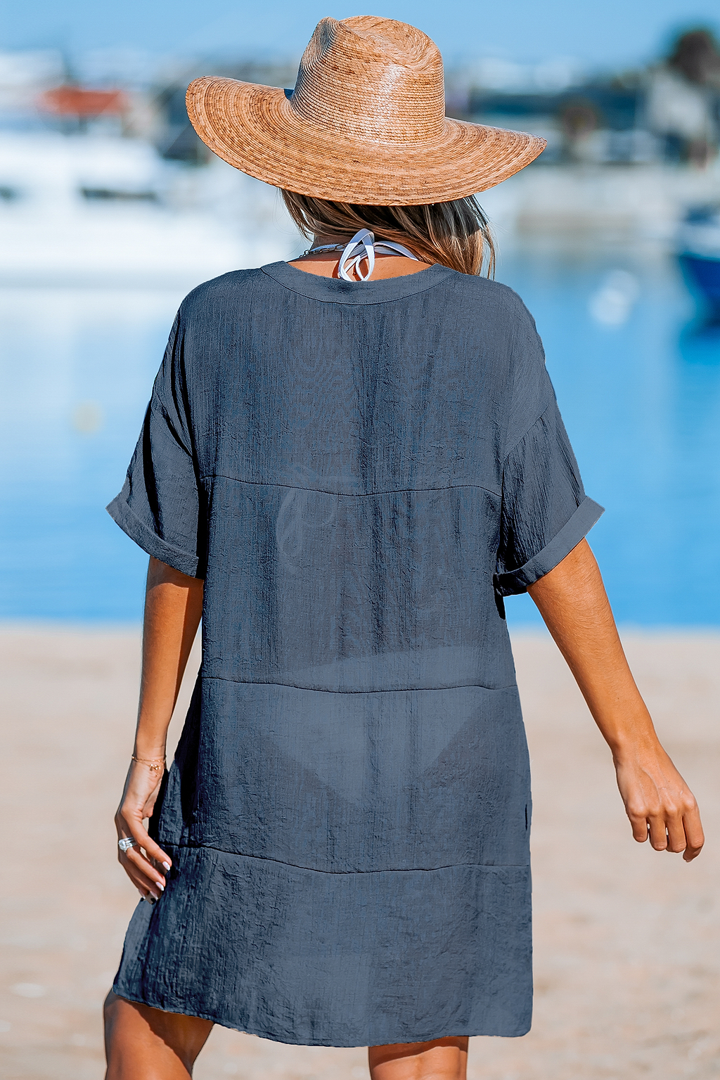 Navy Short Sleeve V-Neck Cover-Up