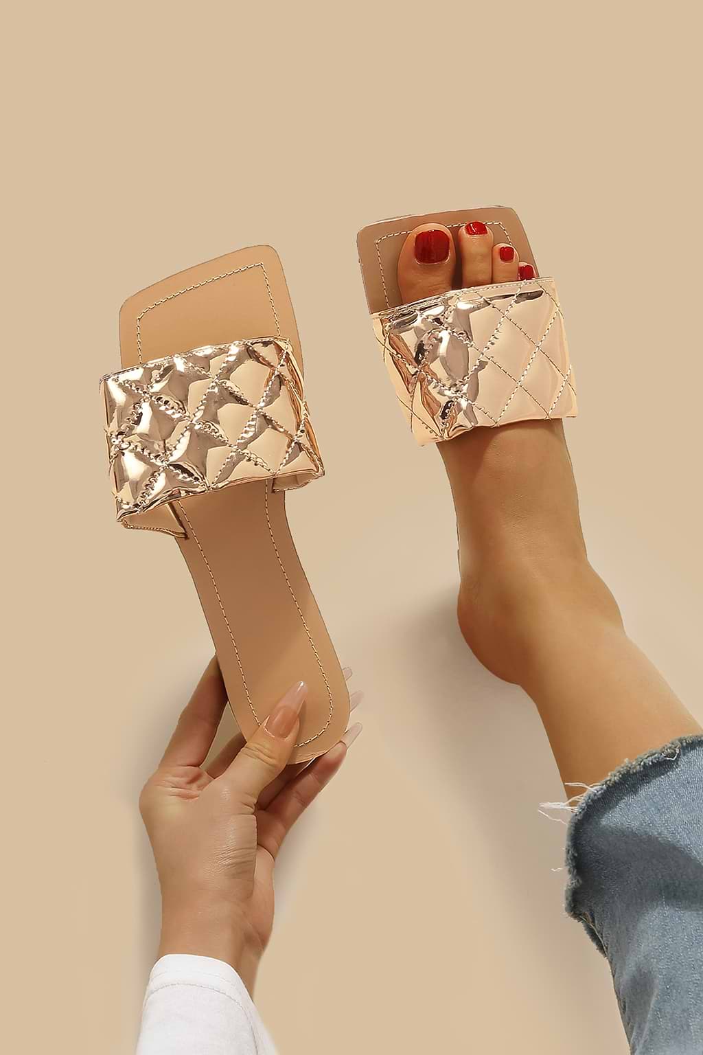 Quilted Metallic Square Toe Sandals