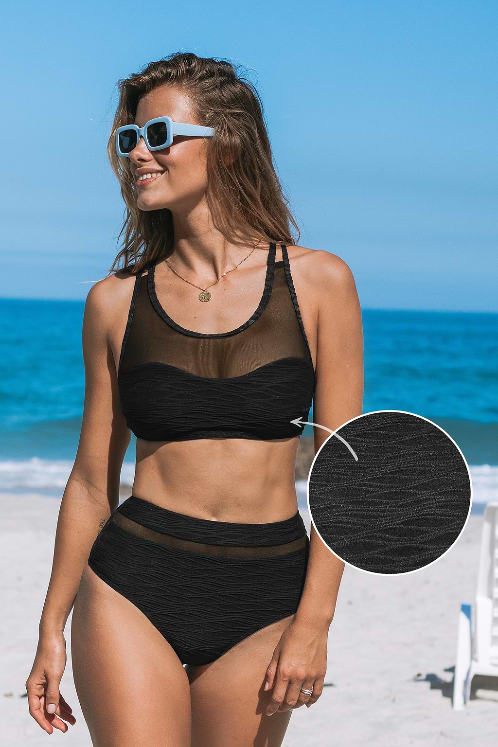 Raven Textured & Sheer Bikini Bralette & Bottoms Set
