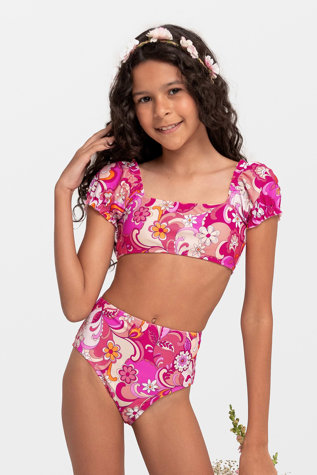 Conjunto de dos piezas con mangas abullonadas y flores psicodélicas para niñas