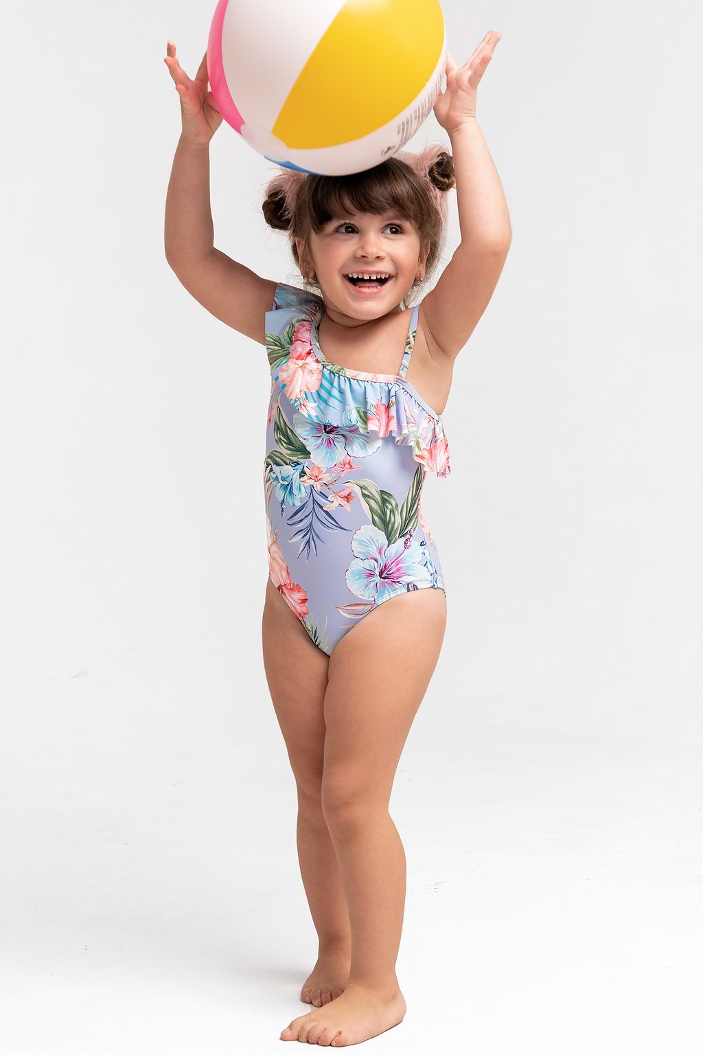 Girls Purple Tropical Asymmetric Ruffle One-Piece