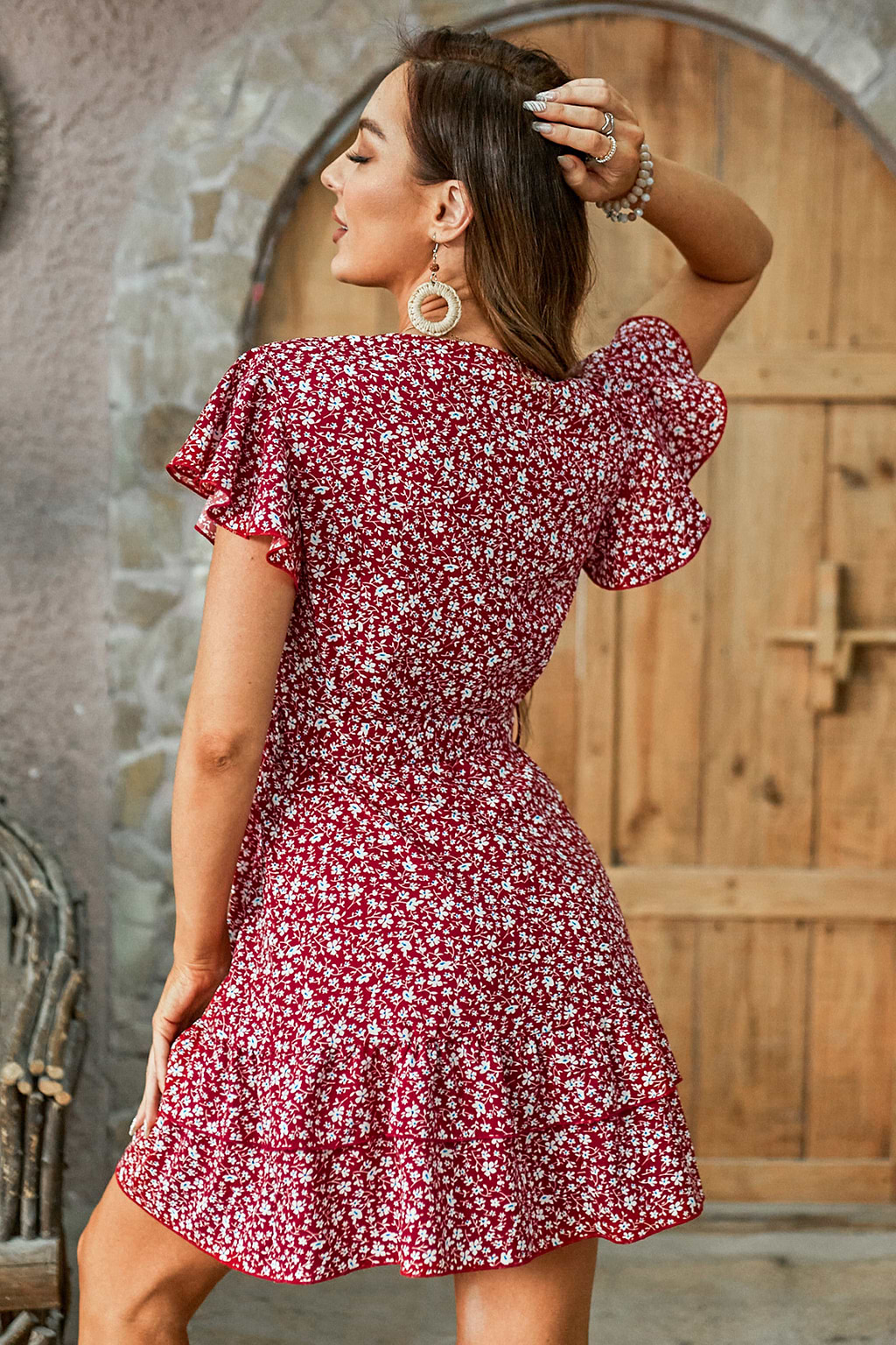 Red Ditsy Flutter Sleeve Mini Dress