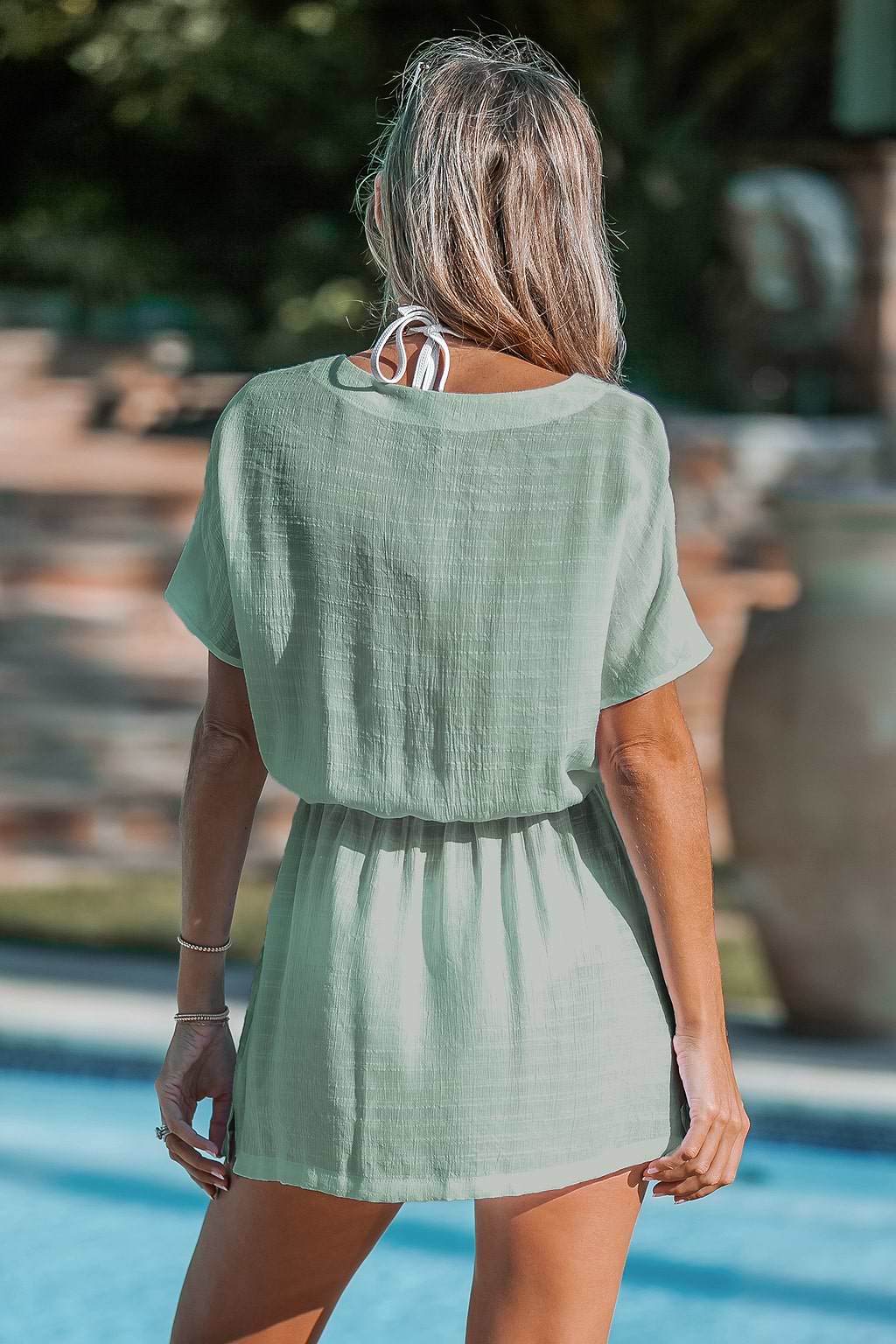 Salbei-Blouson Cover-Up-Minikleid mit Bindung