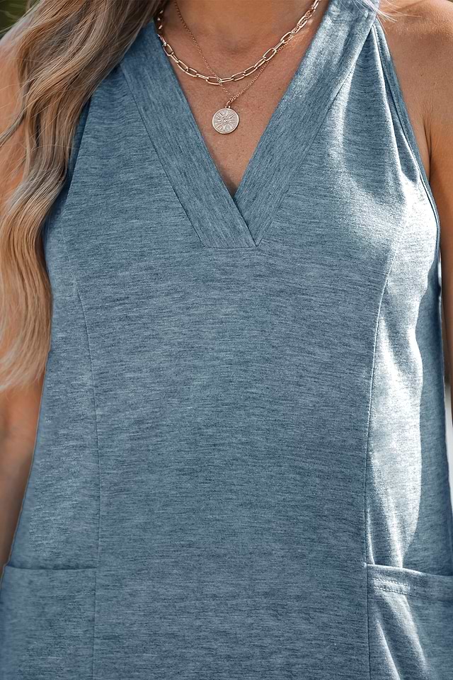 Blue V-Neck Jersey Pocket Dress