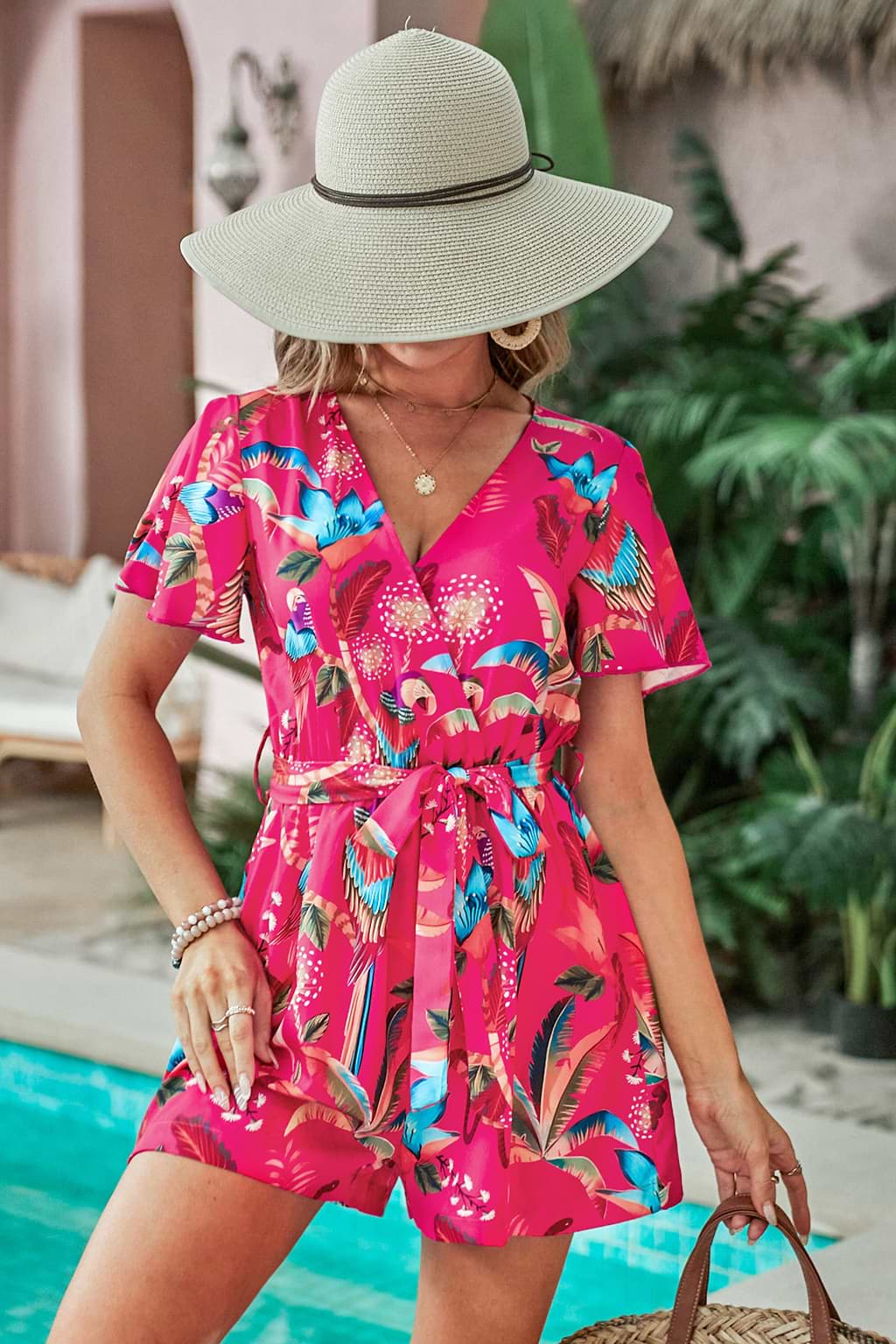Pink Tropical Surplice Romper