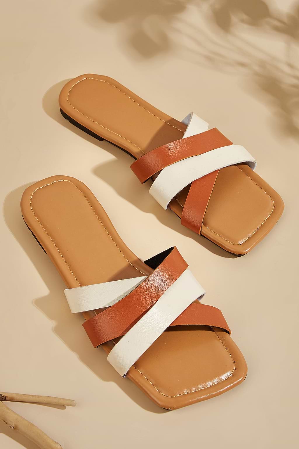 Neutral Cross Over Strap Square Toe Slides