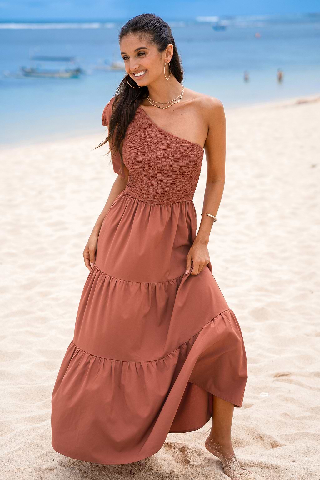 Brick One-Shoulder Smocked Bodice Maxi Dress