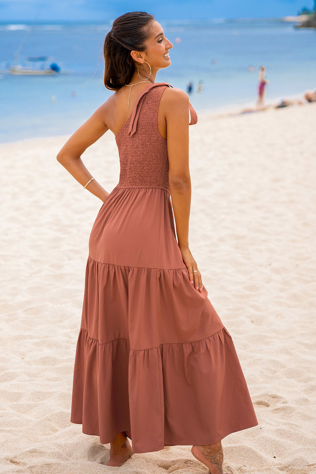 Brick One-Shoulder Smocked Bodice Maxi Dress