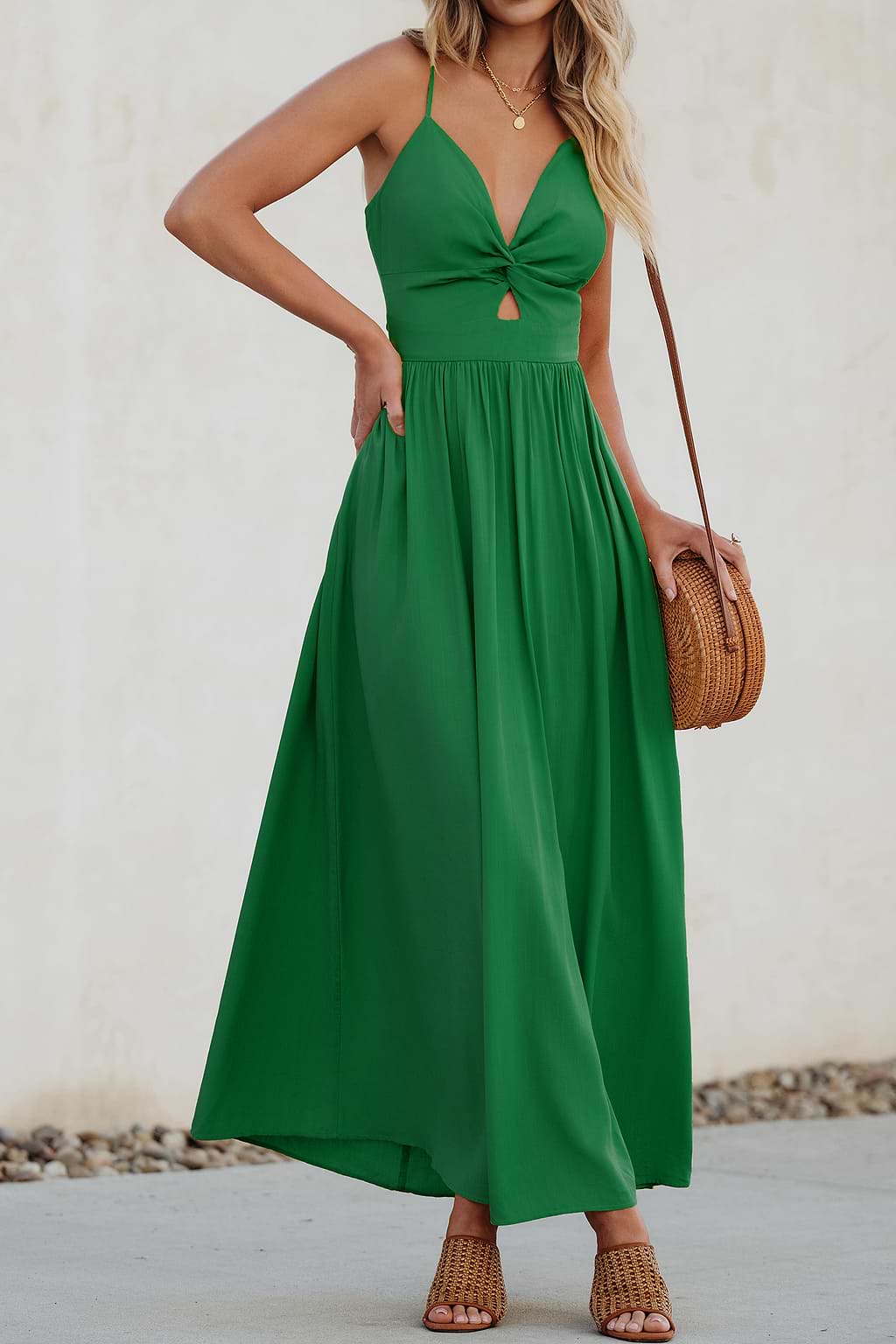 Green Front Twist Keyhole Maxi Dress