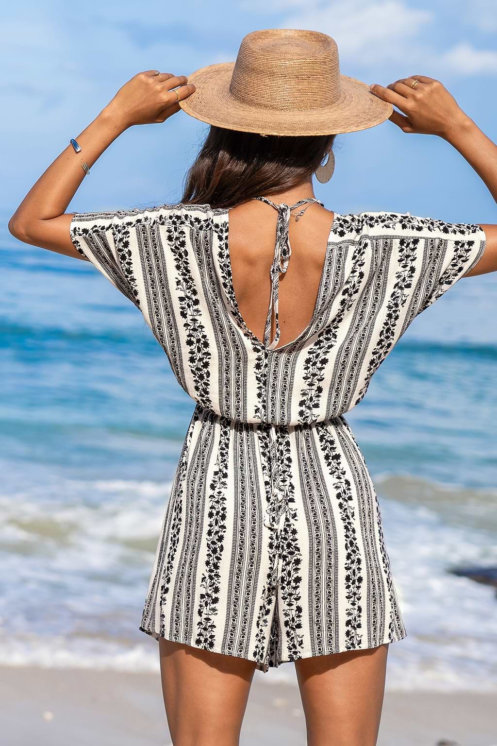 Floral & Stripe Smocked Waist Loose Leg Romper