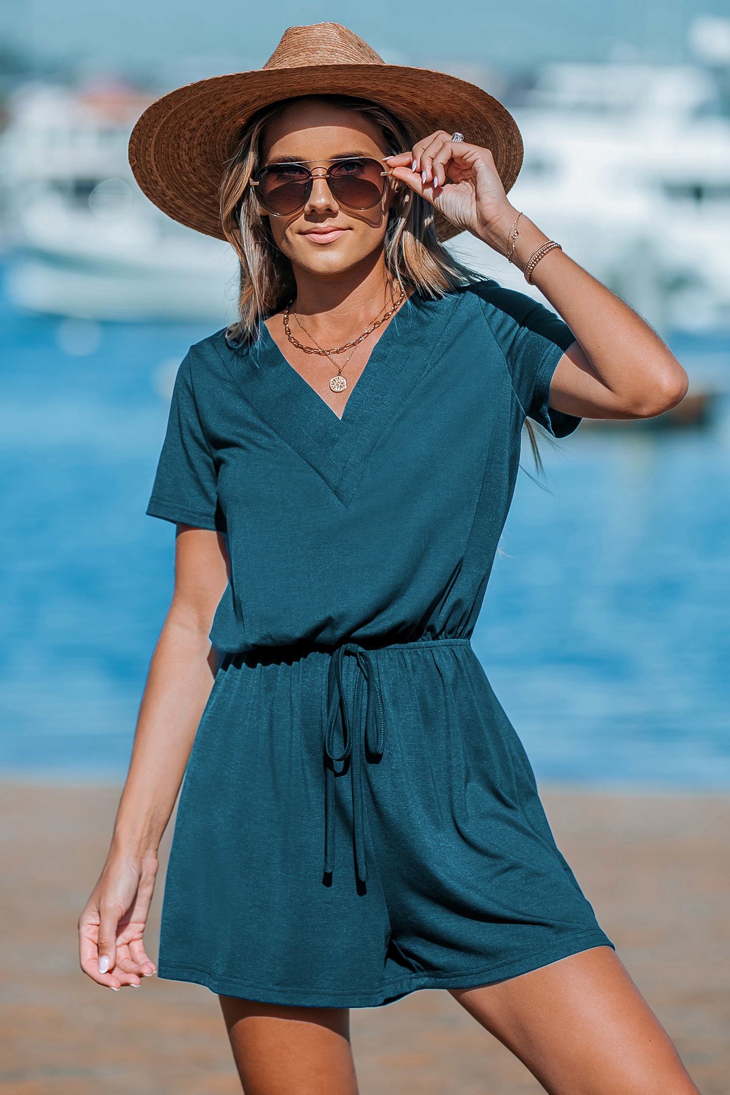 Blue V-Neck Drawstring Jersey Romper