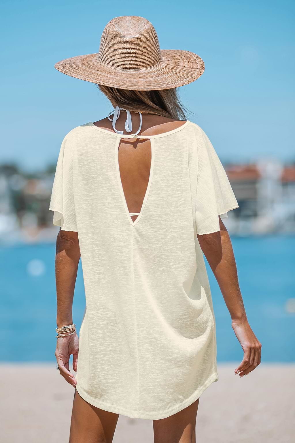 Slub gebreide beige cover-up T-shirtjurk