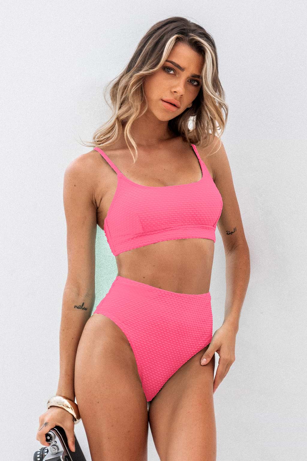 Texturiertes U-Ausschnitt Bikinioberteil und High-Rise Bikinihose
