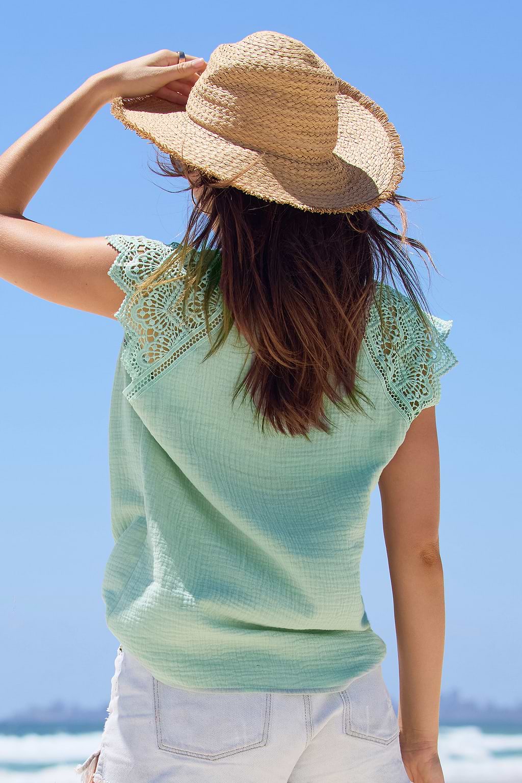 Sage Round Neck Lace Sleeve Top