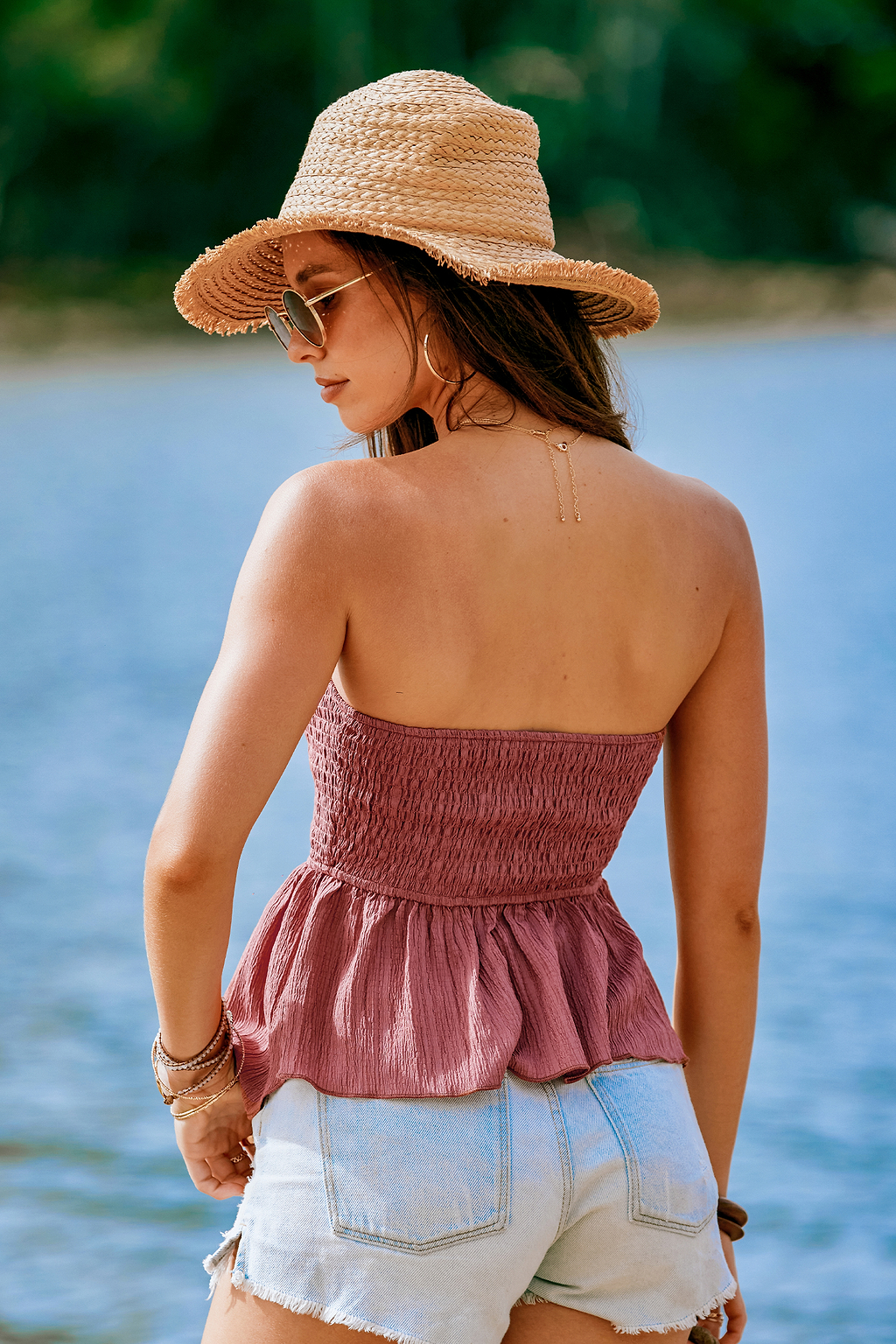 Maroon Smocked Bodice Asymmetrical Hem Tube Top