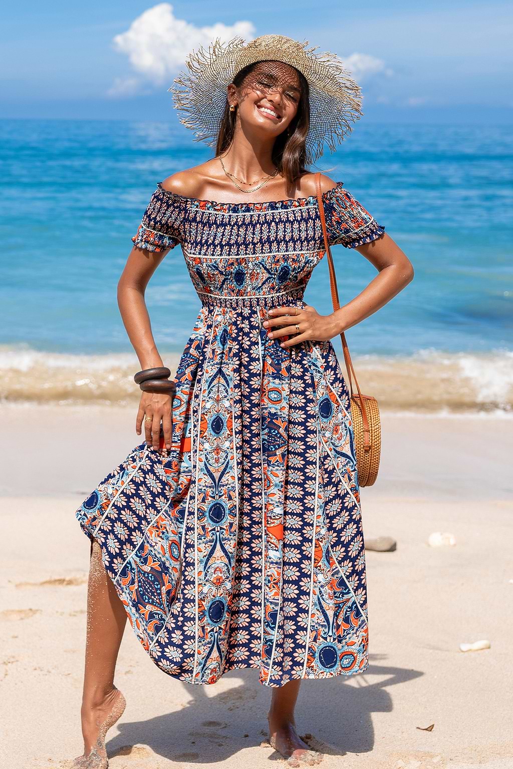 Off Shoulder Smocked Boho Maxi Dress