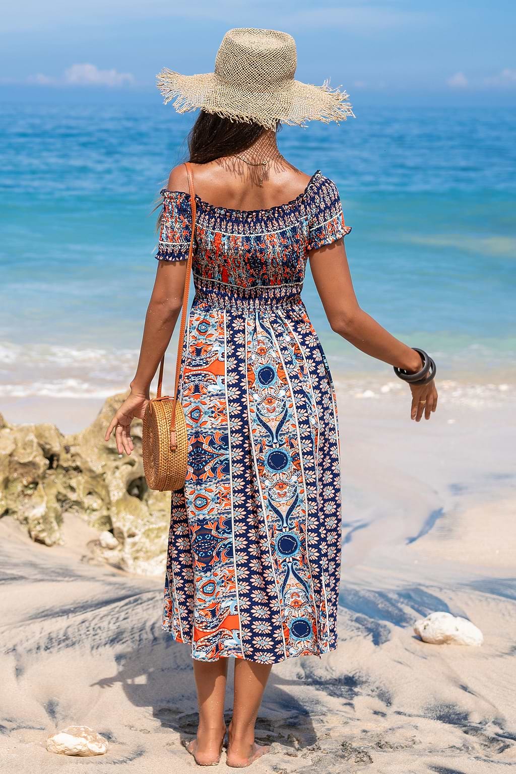 Off Shoulder Smocked Boho Maxi Dress